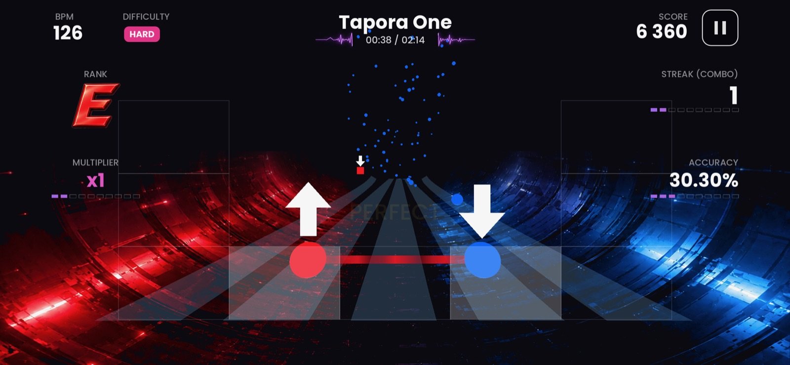 Gameplay: flick arrows above a red and a blue note, score and accuracy in the HUD