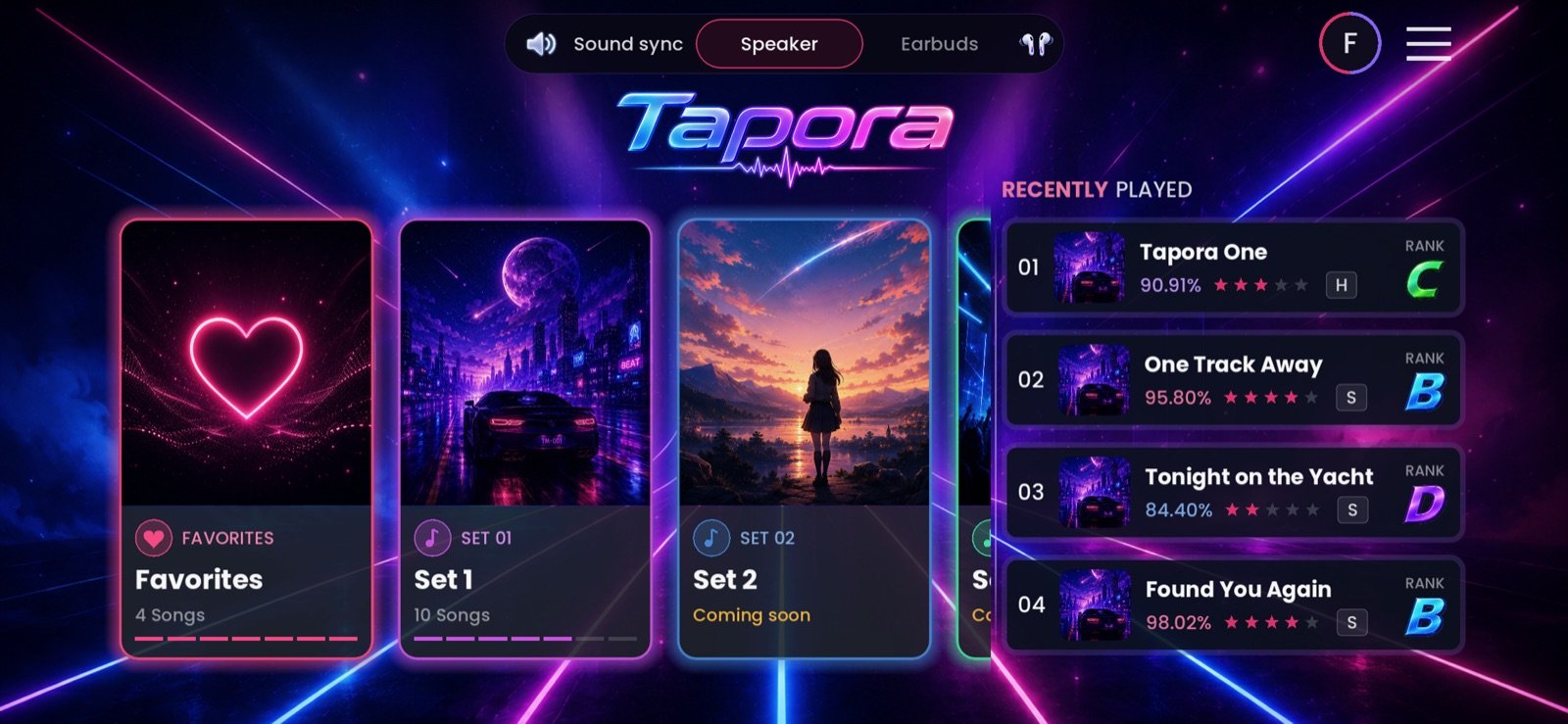 Home screen with the Tapora wordmark, set covers and a recently played list